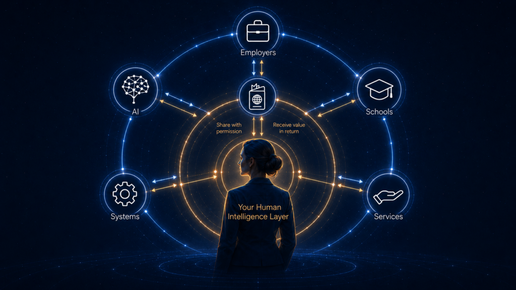 A person uses Passport Pages to exchange trusted information with employers, schools, services, systems, and AI while remaining in control.
