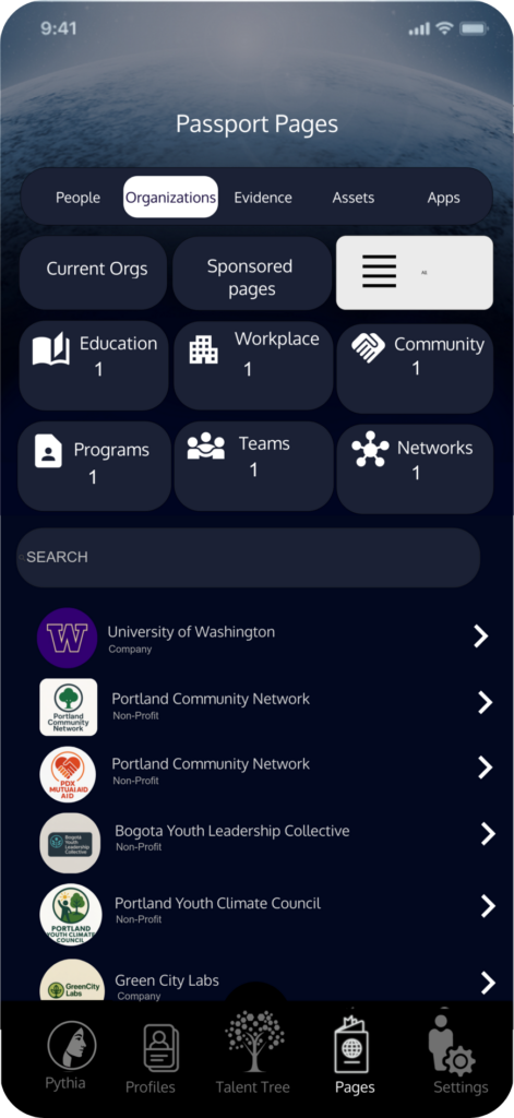 TalentPass Passport Pages screen showing permissioned connections with organizations, mentors, networks, teams, programs, and services.