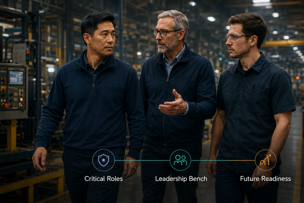 Marcus Lee walks a Summit Manufacturing floor with plant leaders as critical roles, leadership bench strength, and future readiness are considered.
