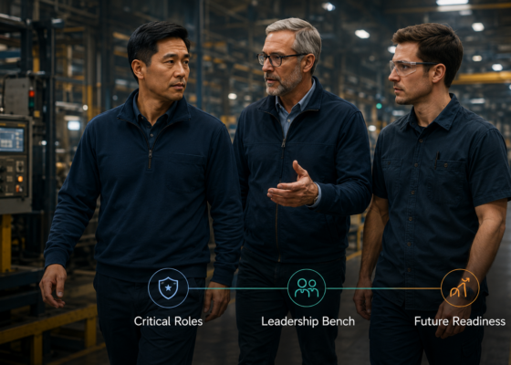 Marcus Lee walks a Summit Manufacturing floor with plant leaders as critical roles, leadership bench strength, and future readiness are considered.