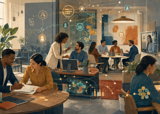 Employees collaborating inside Horizon Financial Services as a human intelligence layer reveals their skills, relationships, experience, and growth opportunities.
