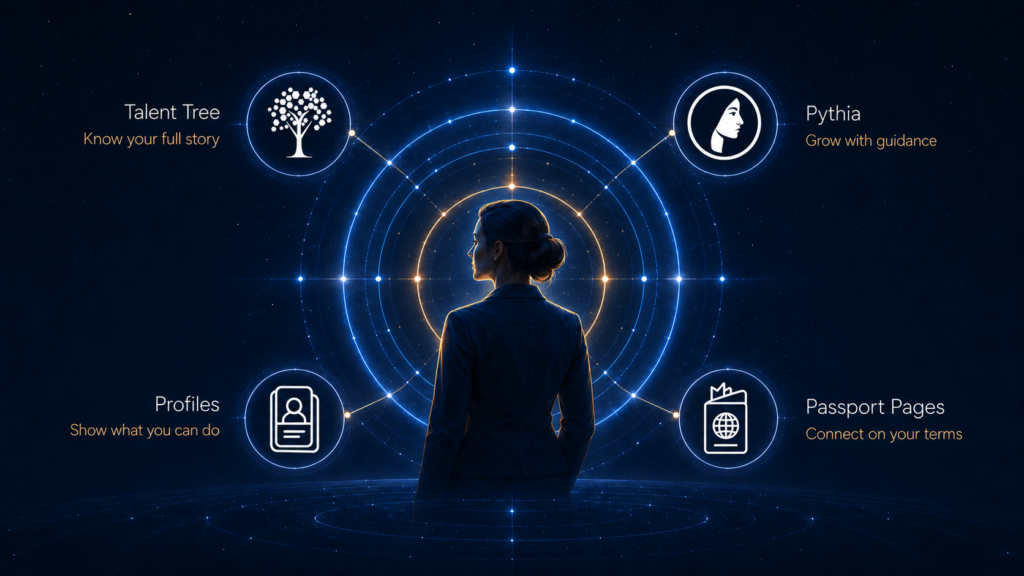 A person at the center of Talent Tree, Pythia, Profiles, and Passport Pages, showing how TalentPass helps people know, grow, show, and connect their talent.