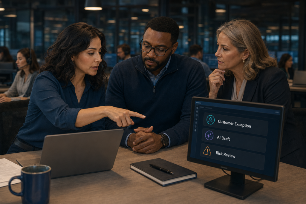 Elena leads a review of an AI-assisted customer exception with her manager and a risk specialist, combining human judgment, feedback, and reflection.