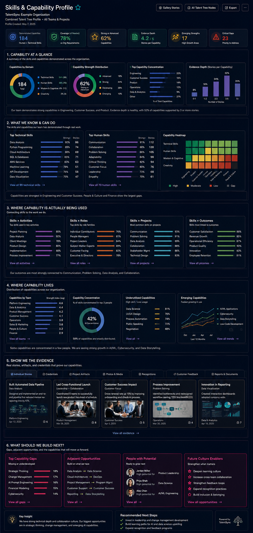 Tall TalentSync Skills and Capability Profile showing demonstrated Human and Technical Skills, capability distribution, evidence depth, skills connected to Activities, Roles, projects and outcomes, underused and emerging capabilities, supporting work evidence, capability gaps, and future development opportunities.