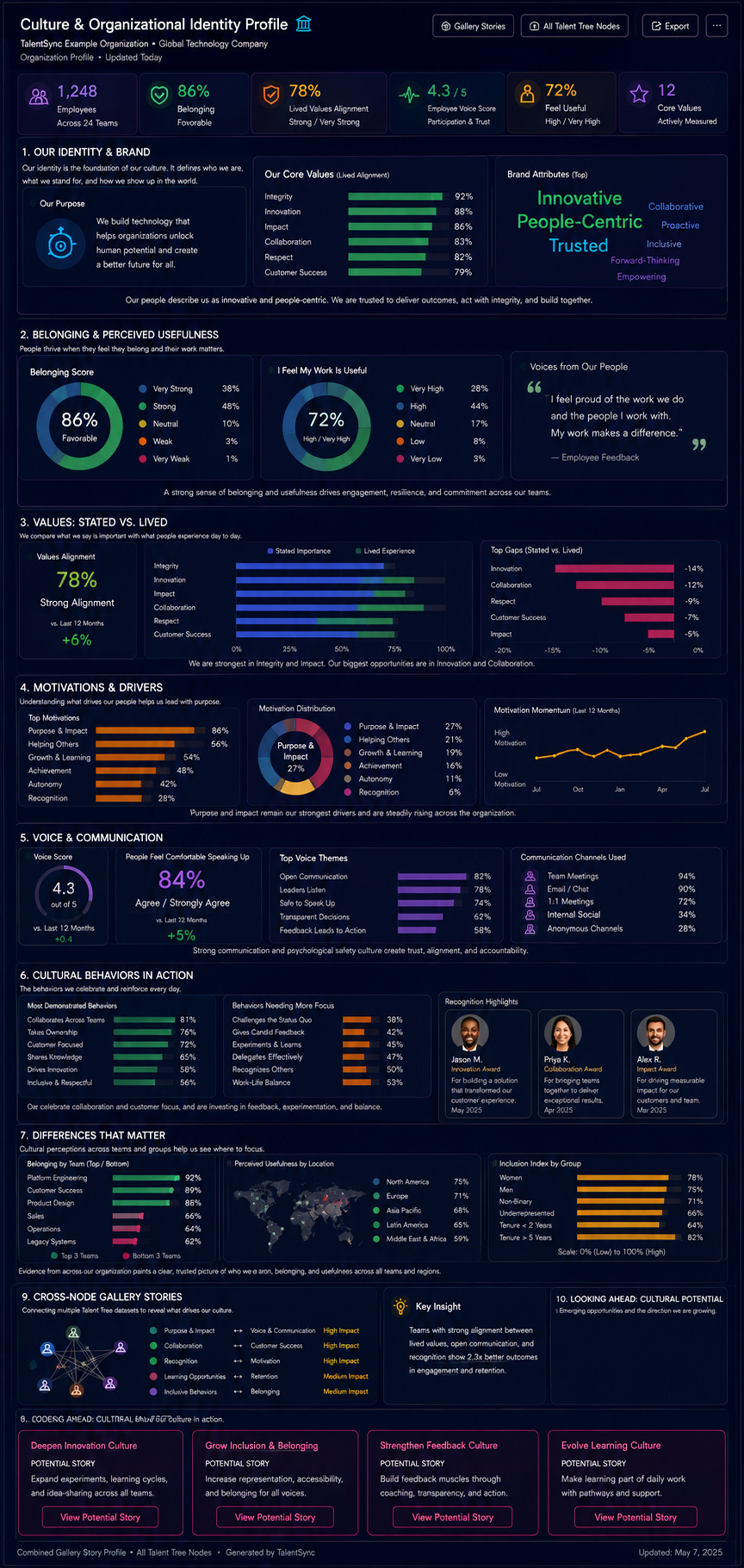 TalentSync Culture and Organizational Identity Profile showing organizational identity, lived values, belonging, motivations, employee voice, cultural behaviors, supporting evidence, and emerging culture patterns.