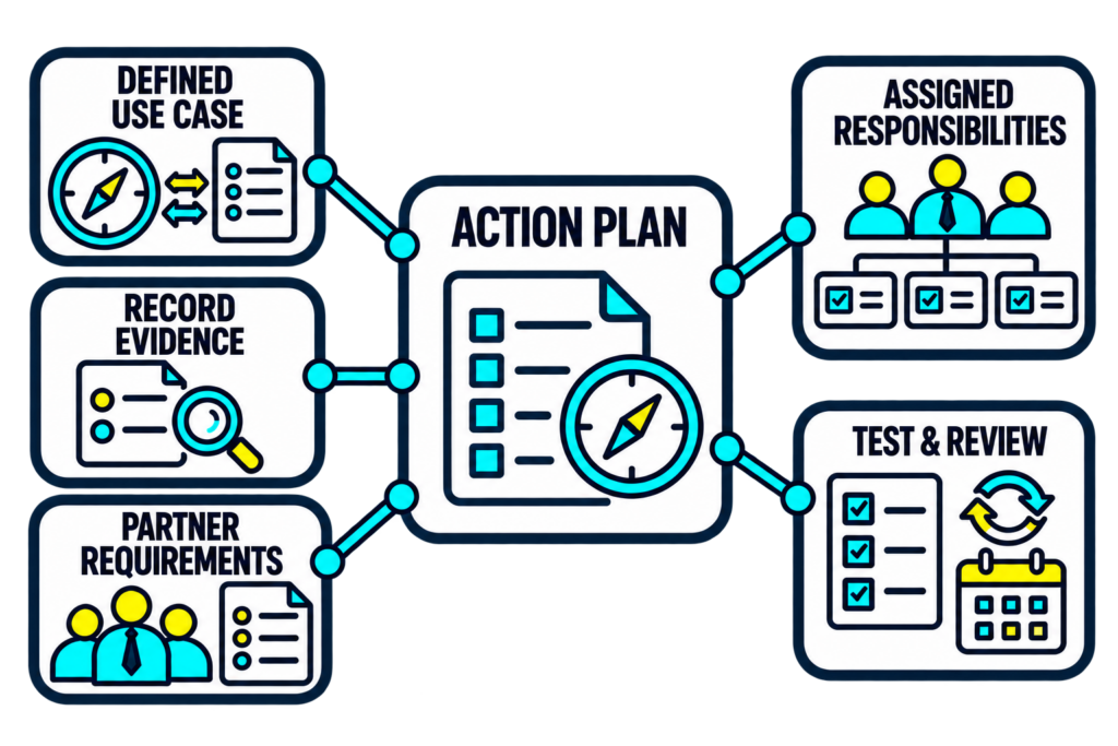 A defined use case, record evidence, and partner requirements inform an action plan with assigned responsibilities and testing.
