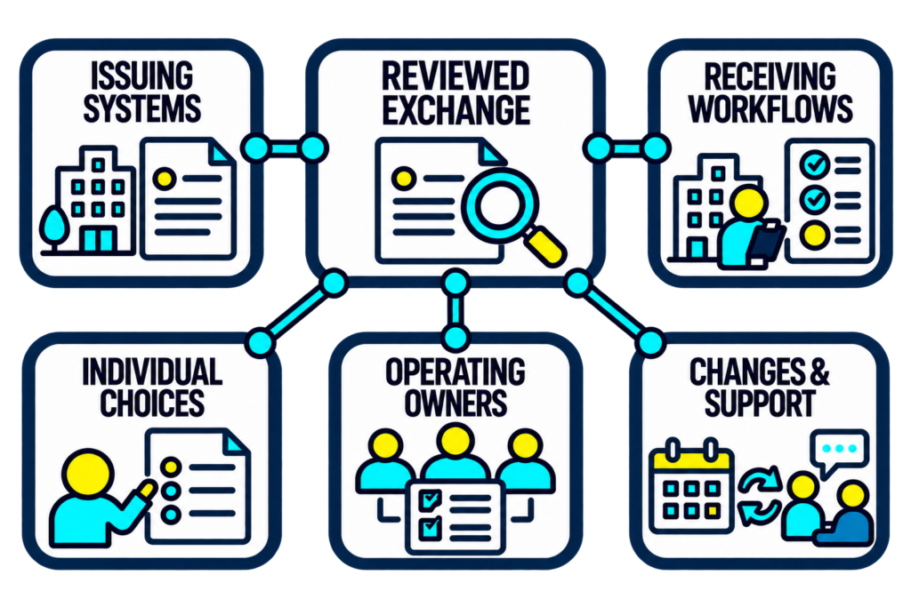 Issuing and receiving systems connect through reviewed exchange context, supported by individual choices, operating owners, and updates.