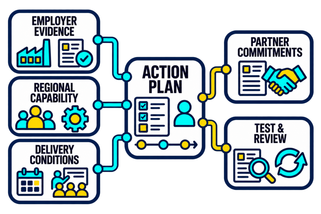 Employer evidence, regional capability, and delivery conditions inform an action plan with partner commitments and review.