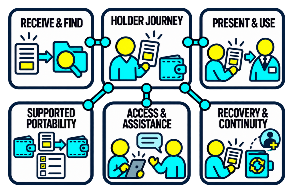 A person holding a record connects to receiving and finding it, presenting it, supported portability, accessible assistance, and recovery.