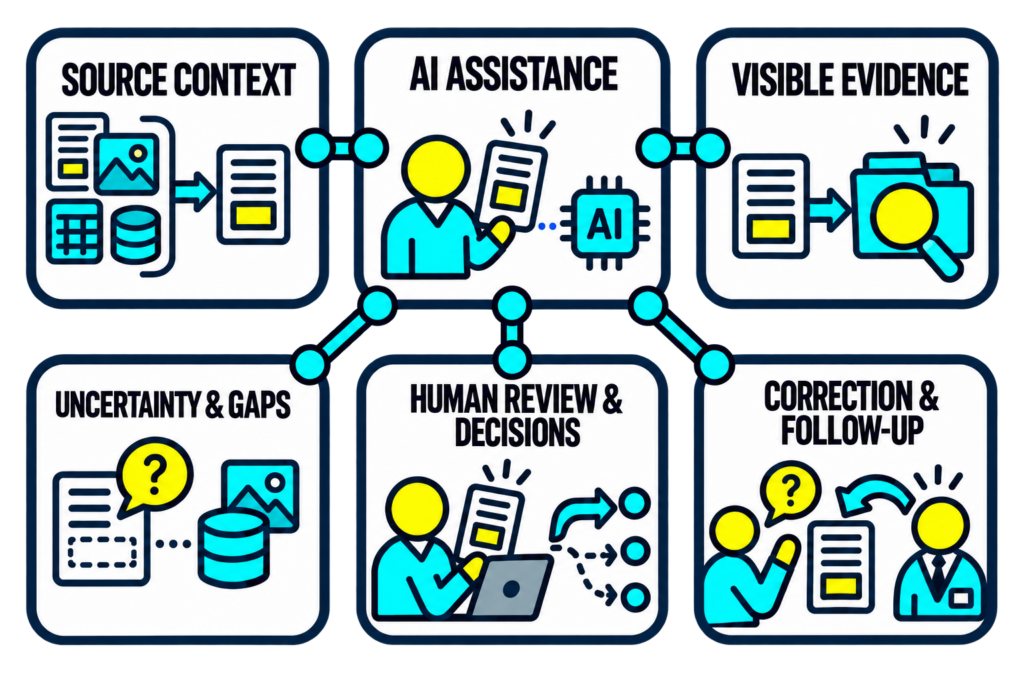 An AI-assisted record review connects source context, visible evidence, uncertainty, accountable human decisions, and correction routes.