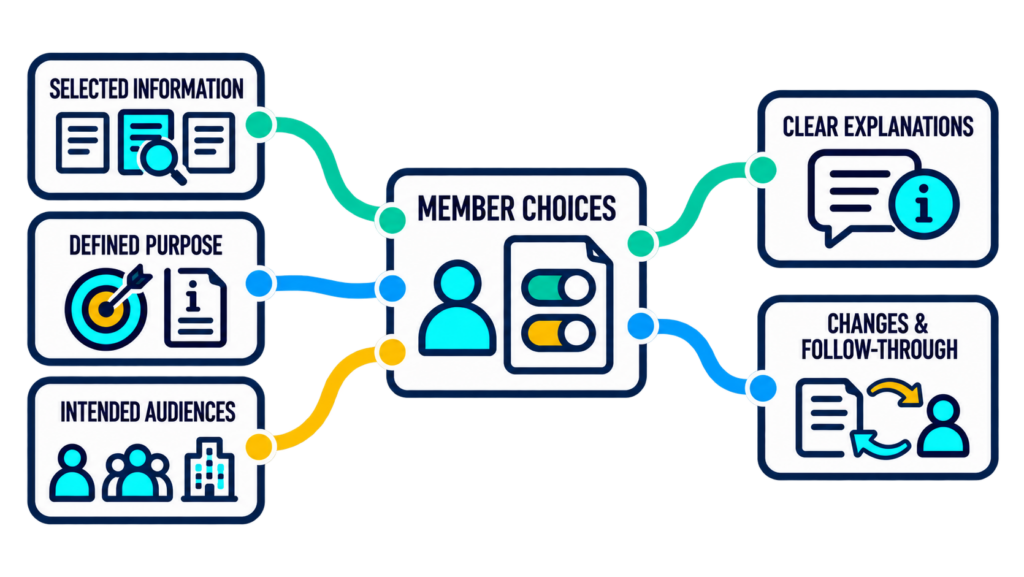 Member choices connected to selected information, defined purposes, intended audiences, and changes to the sharing arrangement.