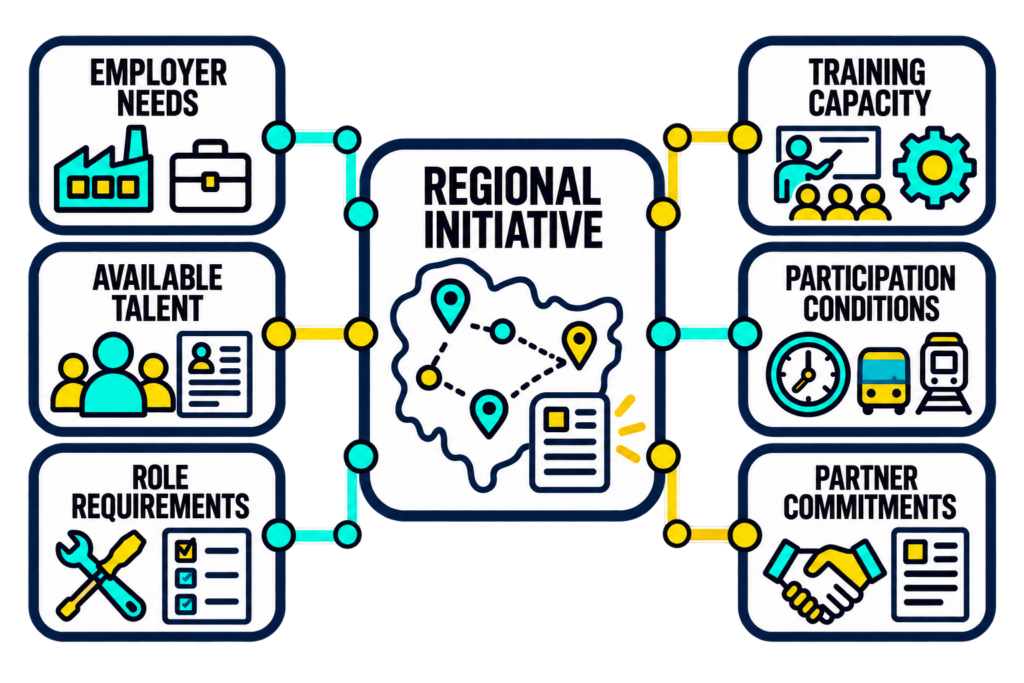 Employer needs, available talent, training capacity, and partner commitments connect around a shared regional initiative.
