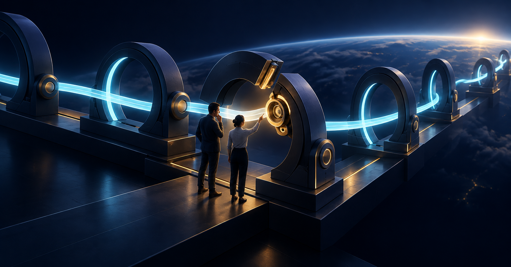 Two people investigate a misaligned step in an otherwise connected process.