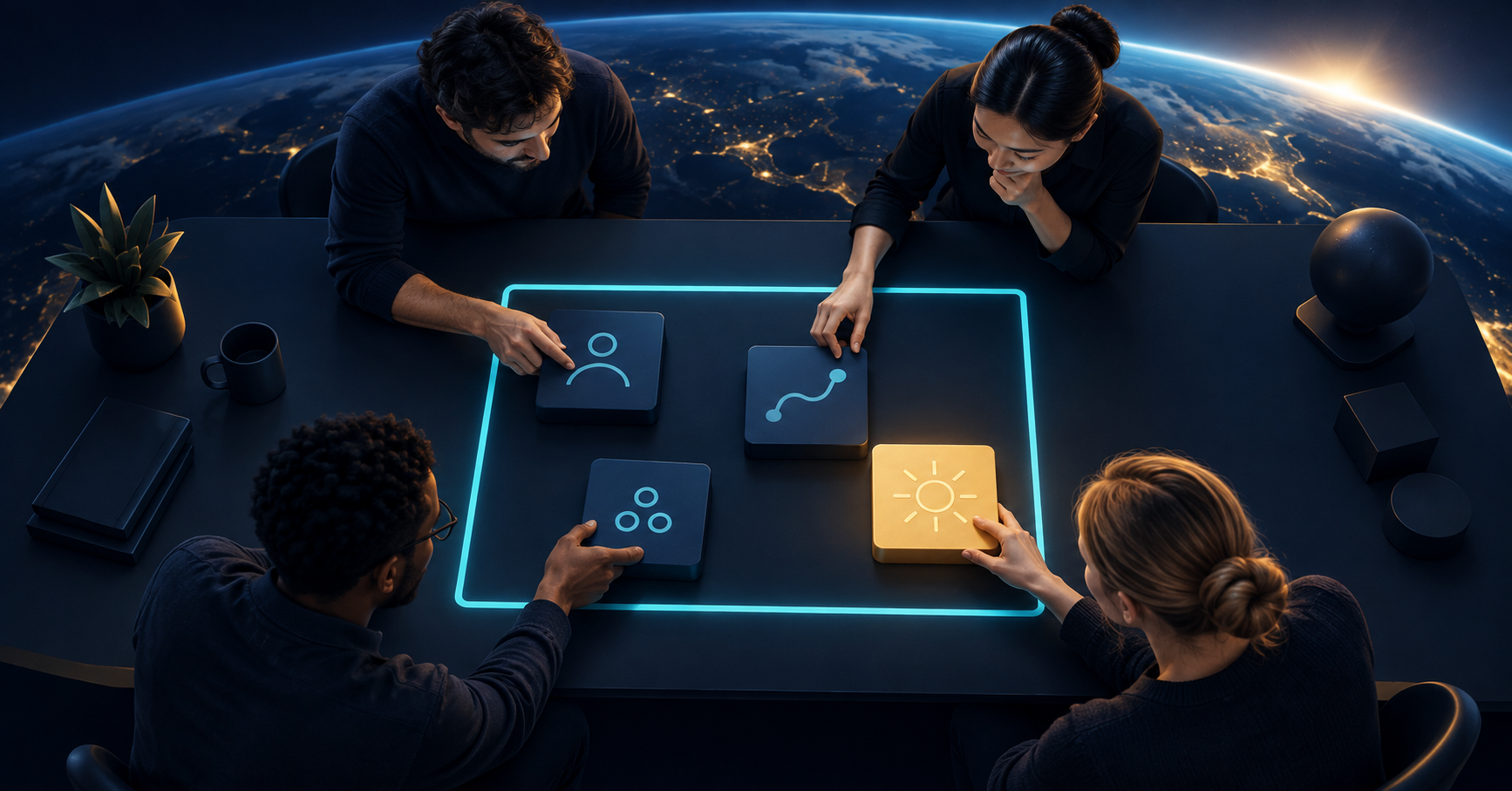 A team arranges workflow elements inside a focused workshop boundary.