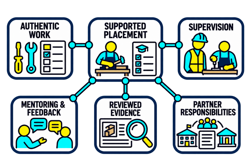 Authentic work, supervision, mentoring, and reviewed evidence connect to a supported placement with clear partner responsibilities.