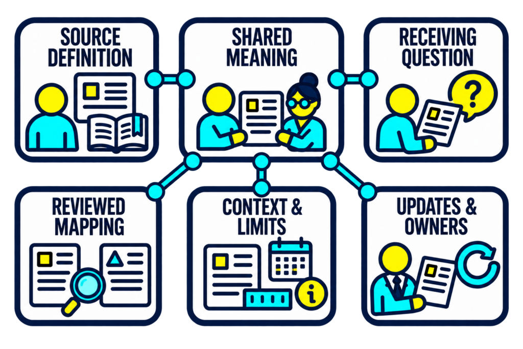 Shared meaning connects source definitions, receiving questions, reviewed mappings, interpretation context, and responsibility for updates.