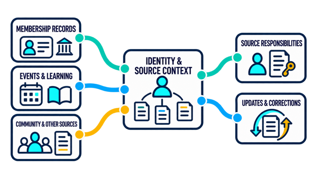 Membership, events, learning, and community sources connected through member identity and source context, with ownership and update responsibilities.