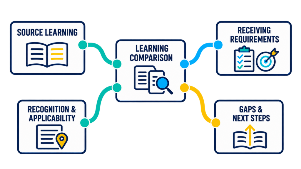 Source learning and receiving requirements connect through a learning comparison to clarify recognition, credit applicability, gaps, and next steps.