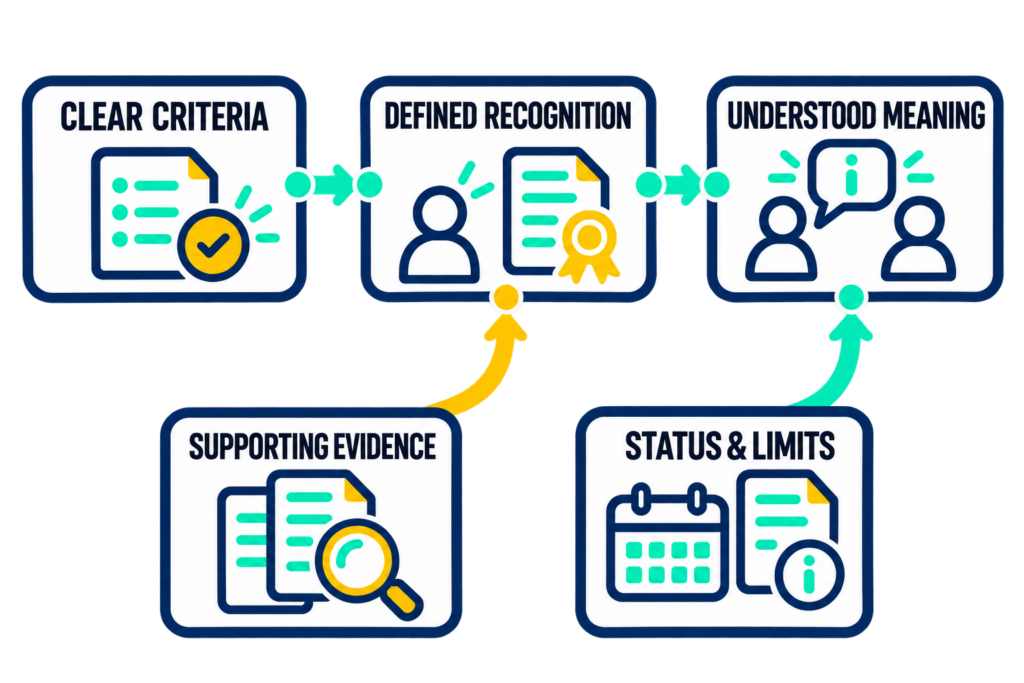 Recognition connects to its criteria, supporting evidence, audience interpretation, and status conditions.