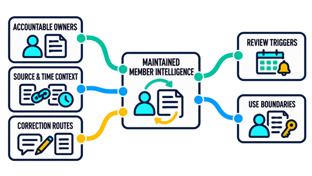 Member intelligence connected to accountable owners, source context, correction routes, review triggers, and appropriate use boundaries.