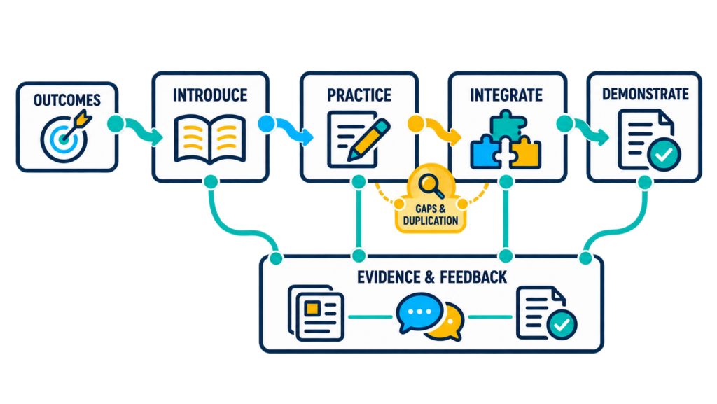 Learning outcomes progress through introduction, practice, integration, and demonstration, supported by evidence and feedback, with gaps and duplication highlighted.