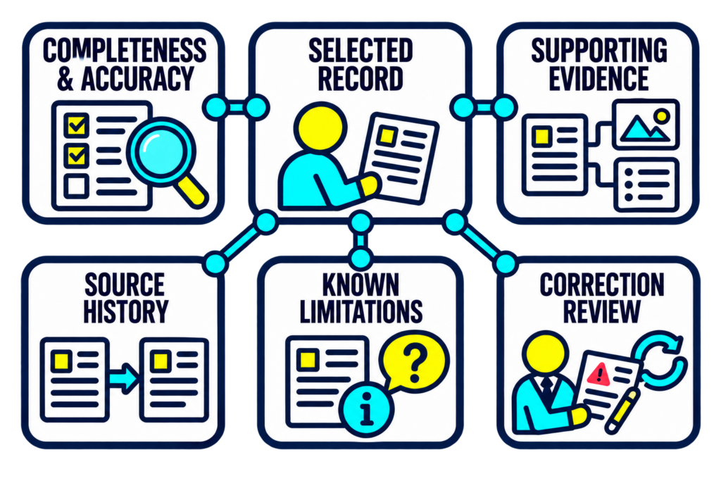 A selected credential connects to issuance responsibility, verification checks, status changes, holder support, and the receiving decision.