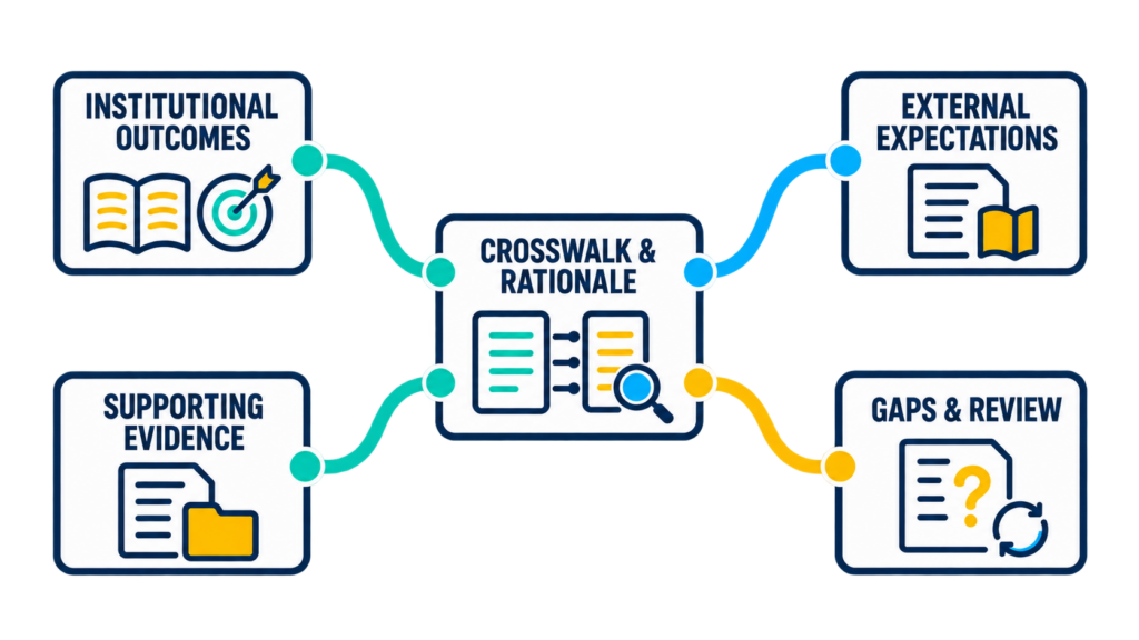 Institutional outcomes and external expectations connect through a crosswalk and rationale, supported by evidence and a review of gaps.