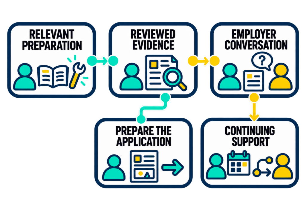 Training activities connect to reviewed evidence and an employer conversation, supported by application preparation and continuing assistance.