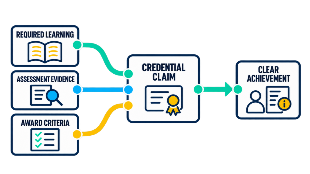 Required learning, assessment evidence, and award criteria connect to a credential claim that clearly communicates the learner’s achievement.