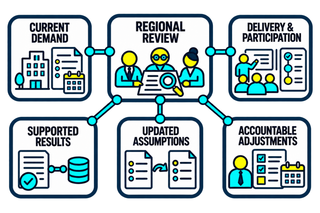 A regional review connects current demand, delivery and participation, supported results, updated assumptions, and accountable adjustments.