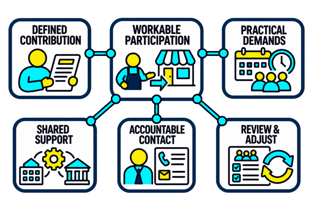 A clear employer participation route connects a defined contribution, practical demands, shared support, accountable contacts, and ongoing review.