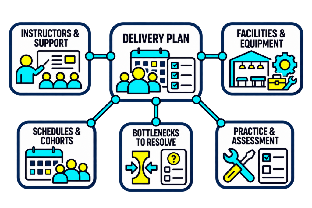 Instructors, facilities, equipment, and schedules connect to a delivery plan with visible bottlenecks and capacity questions to confirm.