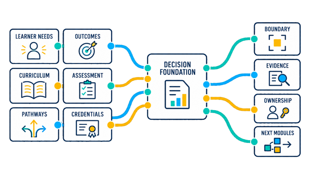 Learning needs, outcomes, curriculum, assessment, pathways, and credentials connect through a shared decision foundation that clarifies boundaries, evidence, ownership, and next modules.